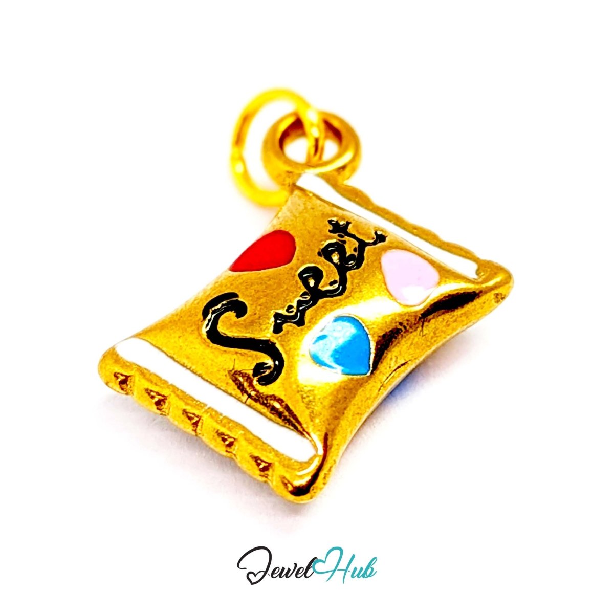 Enamel wrapped sweet charm in gold stainless steel - turned to show depth - JewelHub