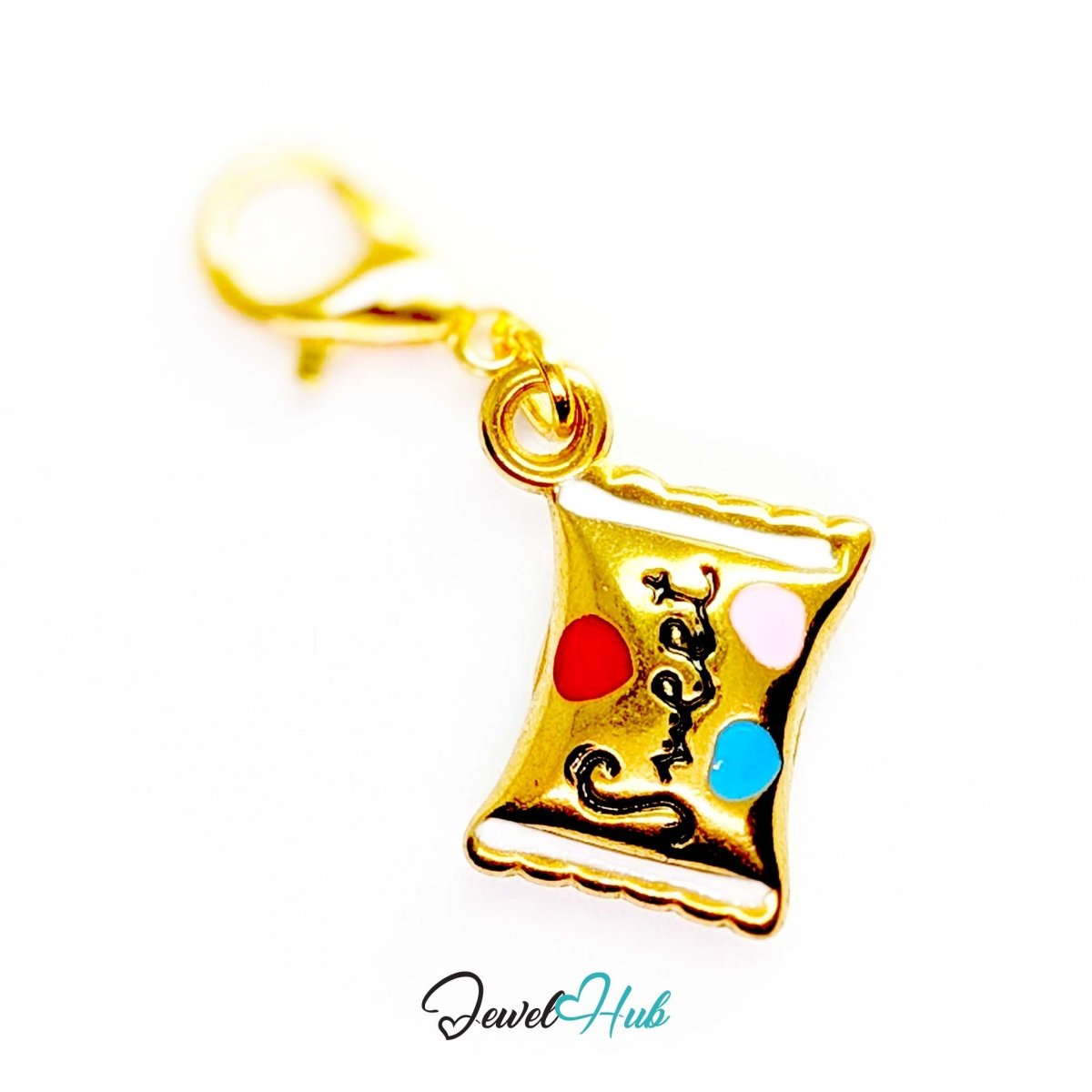 Enamel wrapped sweet charm in gold stainless steel - shown with the lobster clasp attached - JewelHub