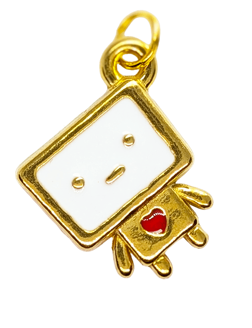 TV robot charm in gold stainless steel with a white enamel face and red heart - JewelHub