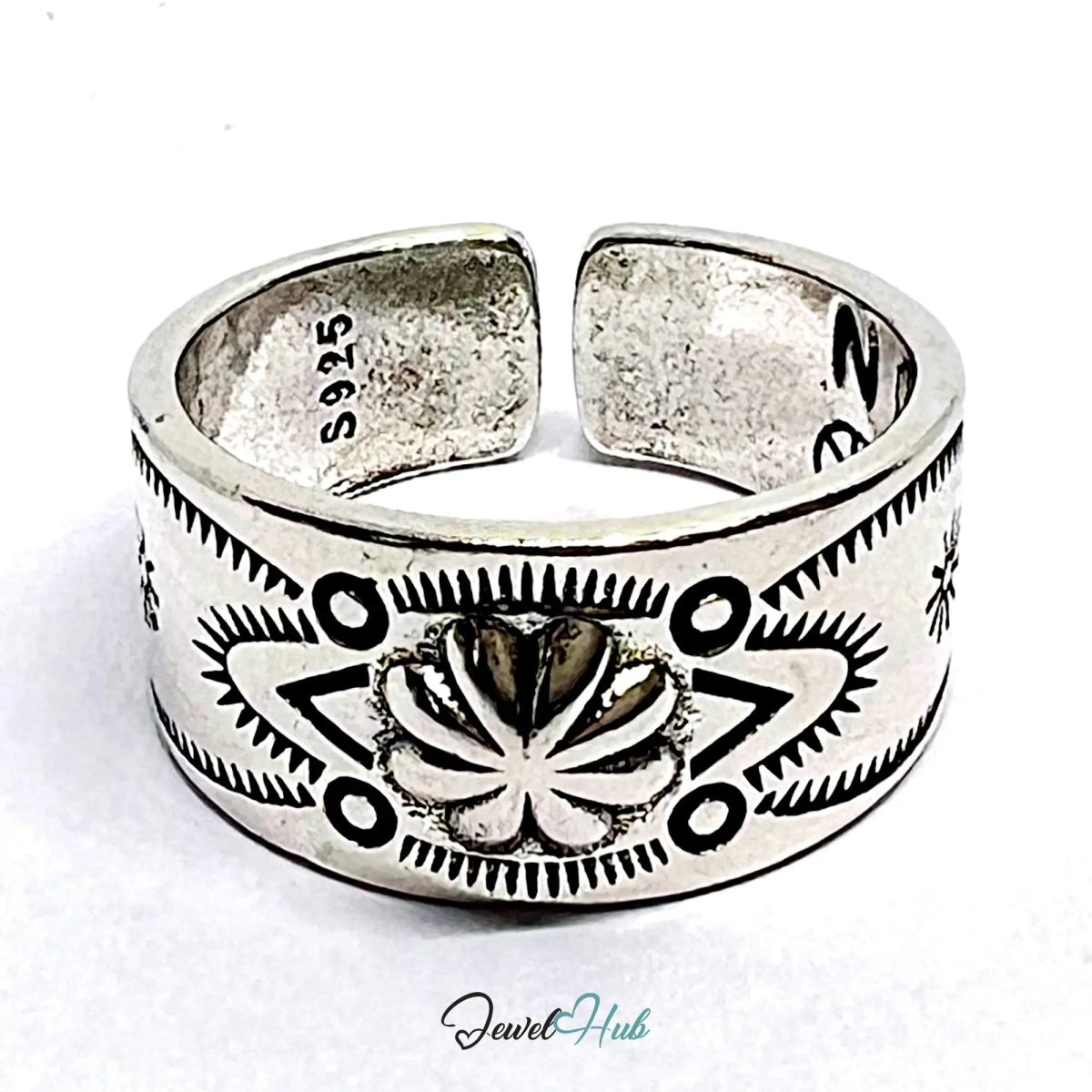Engraved Silver Ring | Hallmarked 925 Adjustable Symbol Band | Sunburst & Geometric Design in Sizes Q–S - JewelHub.co.uk