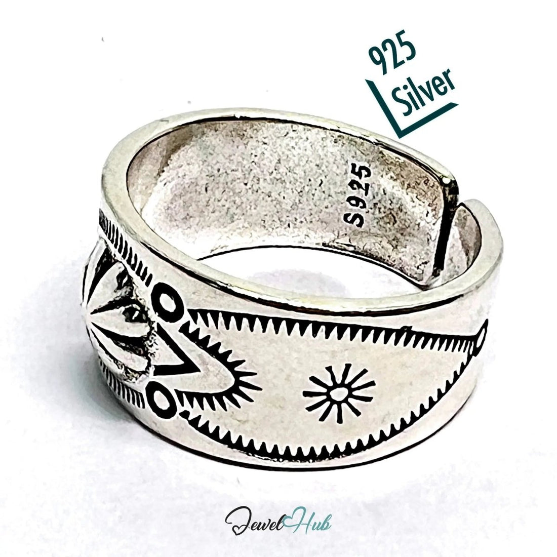Engraved Silver Ring | Hallmarked 925 Adjustable Symbol Band | Sunburst & Geometric Design in Sizes Q–S - JewelHub.co.uk