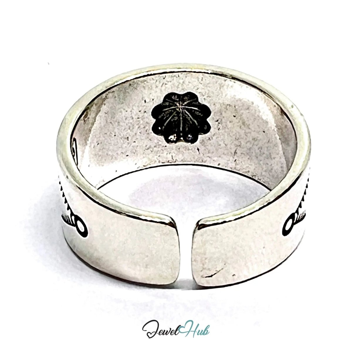 Engraved Silver Ring | Hallmarked 925 Adjustable Symbol Band | Sunburst & Geometric Design in Sizes Q–S - JewelHub.co.uk