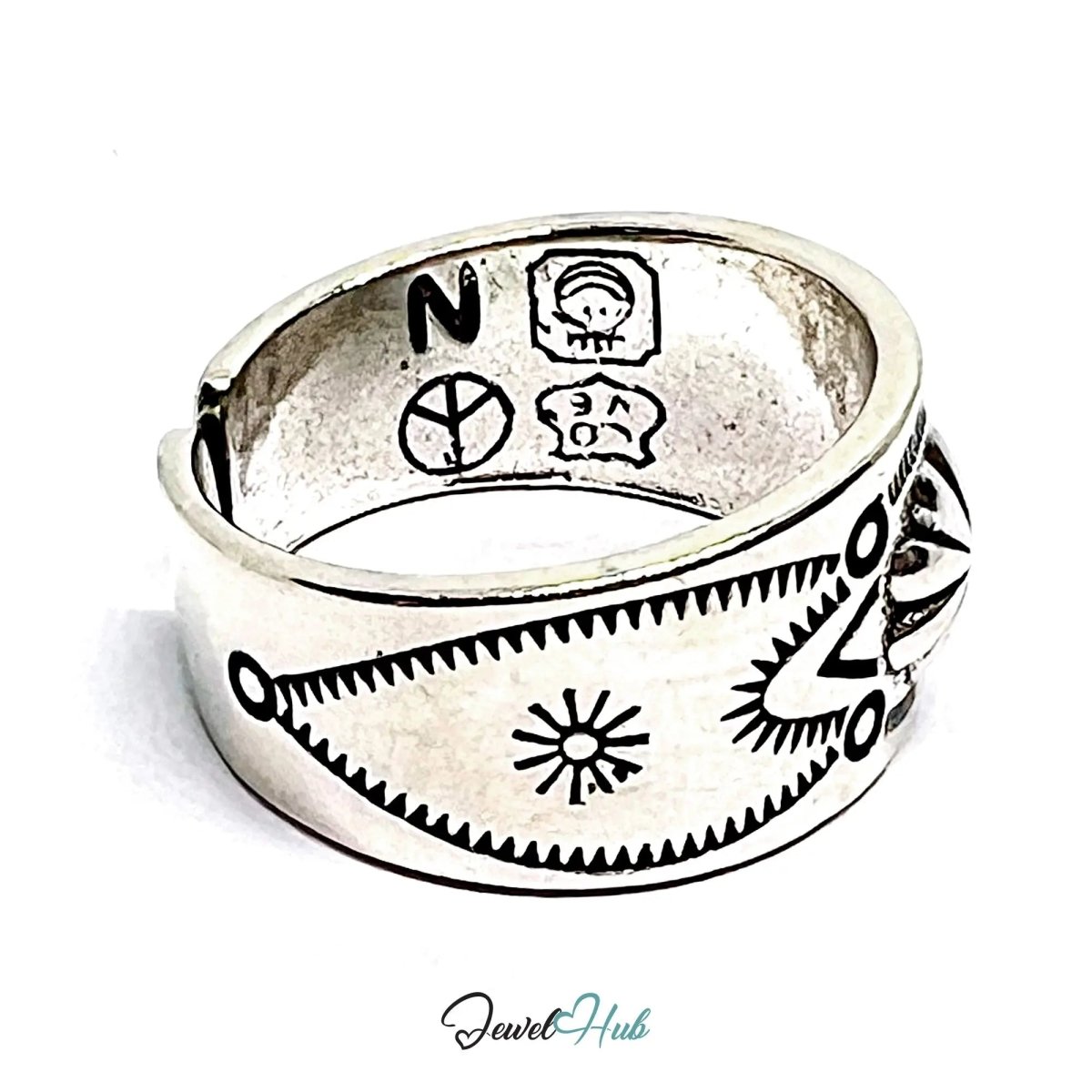 Engraved Silver Ring | Hallmarked 925 Adjustable Symbol Band | Sunburst & Geometric Design in Sizes Q–S - JewelHub.co.uk