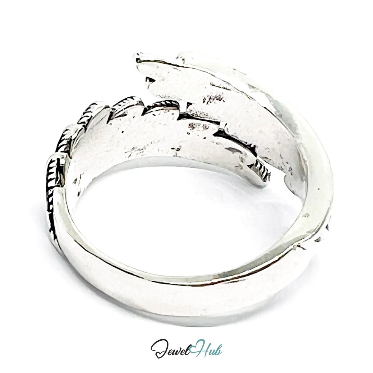 Feather Silver Ring | Hallmarked 925 Nature Adjustable Band | Textured Leaf Design in Sizes O–Q - JewelHub.co.uk