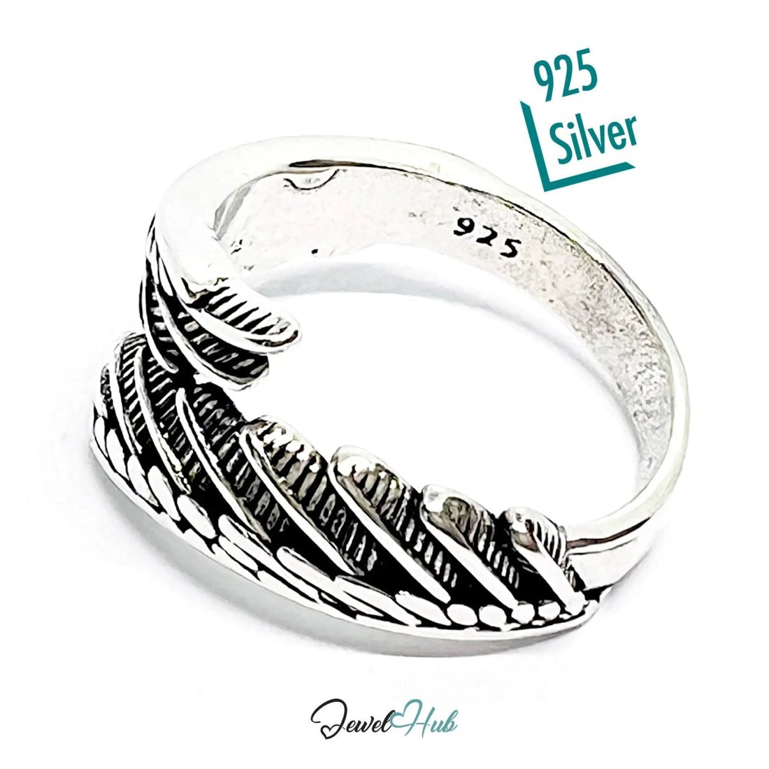 Feather Silver Ring | Hallmarked 925 Nature Adjustable Band | Textured Leaf Design in Sizes O–Q - JewelHub.co.uk