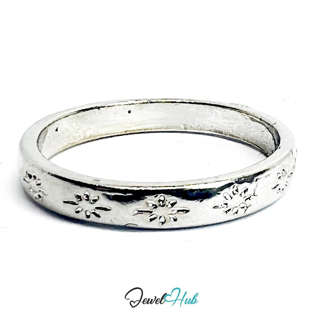Floral Engraved Band Ring | Silver‑Tone Zinc Alloy Botanical Design - JewelHub.co.uk