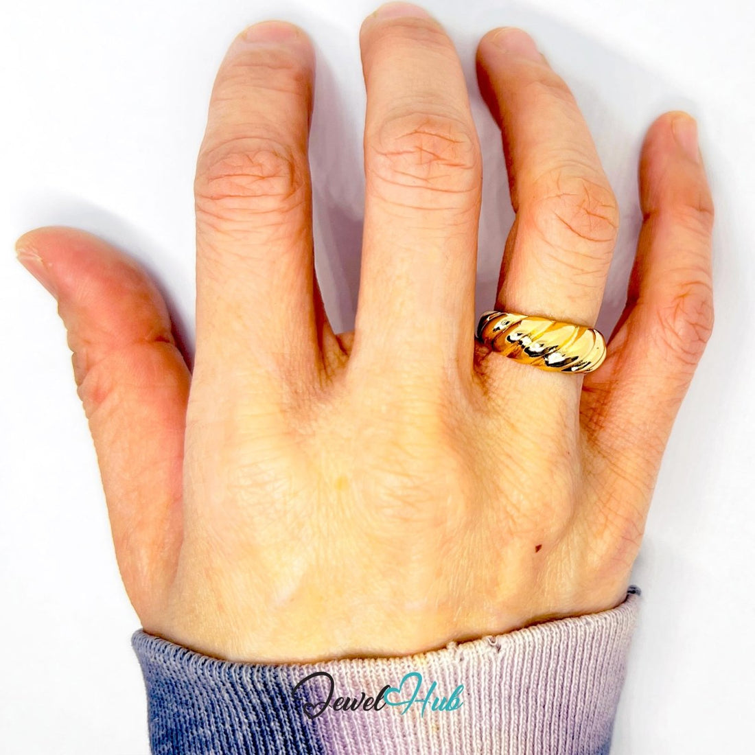 FlutedFlow Gold - Plated Zinc Ring · Sculptural Ridged Band - JewelHub.co.uk