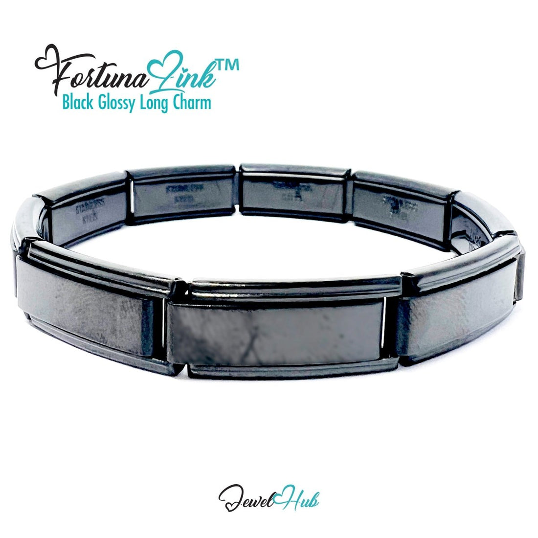 FortunaLink™ Black Glossy Long Link Bracelet – Sculptural Modular Stainless Steel 18‑Links - JewelHub.co.uk