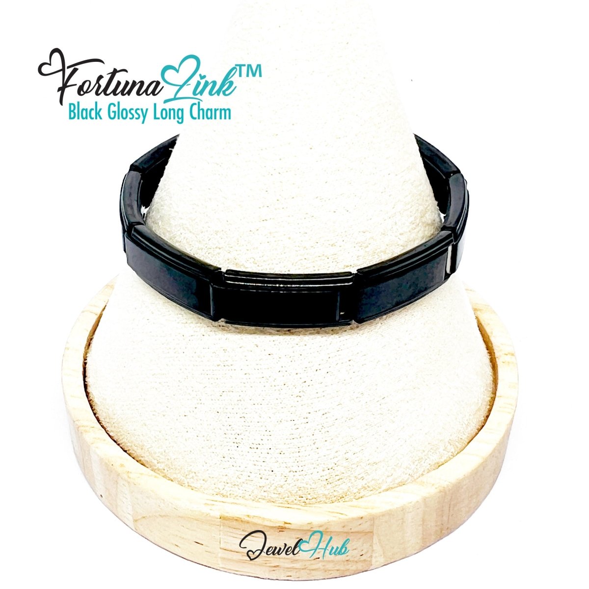 FortunaLink™ Black Glossy Long Link Bracelet – Sculptural Modular Stainless Steel 18‑Links - JewelHub.co.uk