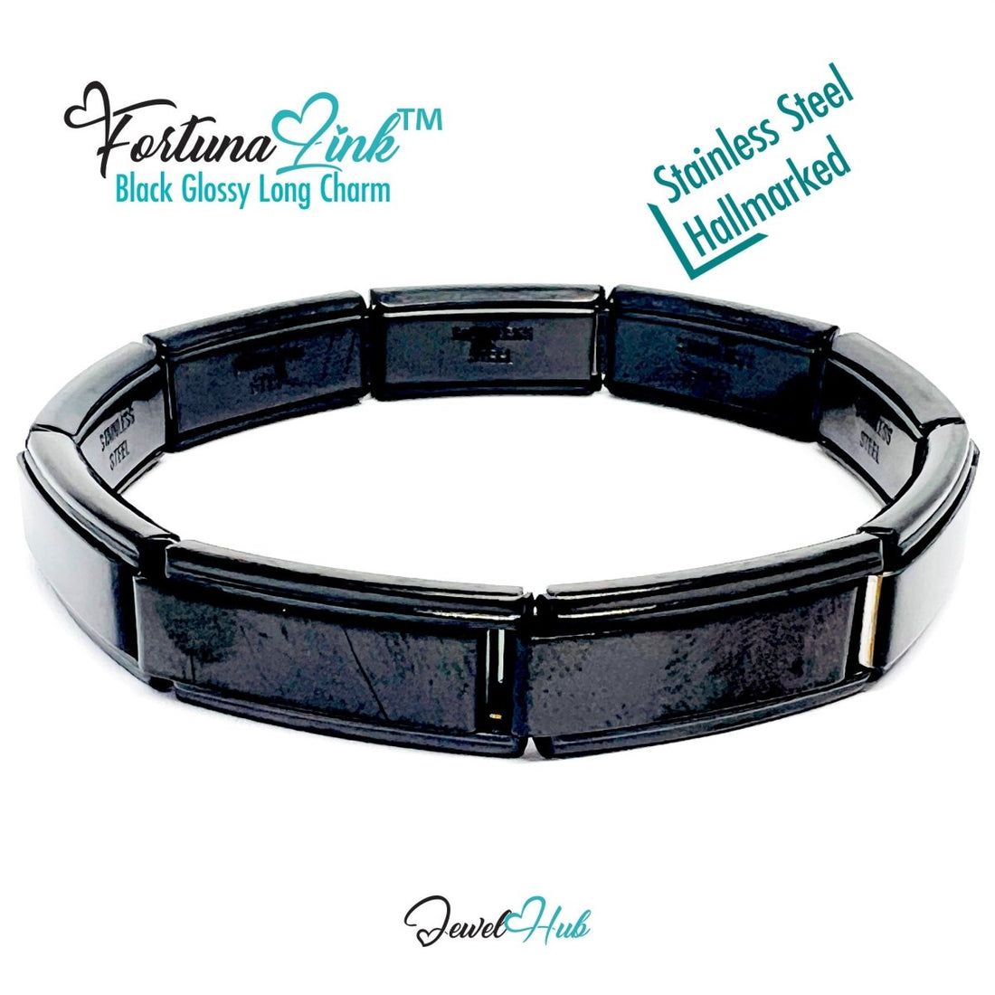 FortunaLink™ Black Glossy Long Link Bracelet – Sculptural Modular Stainless Steel 18‑Links - JewelHub.co.uk