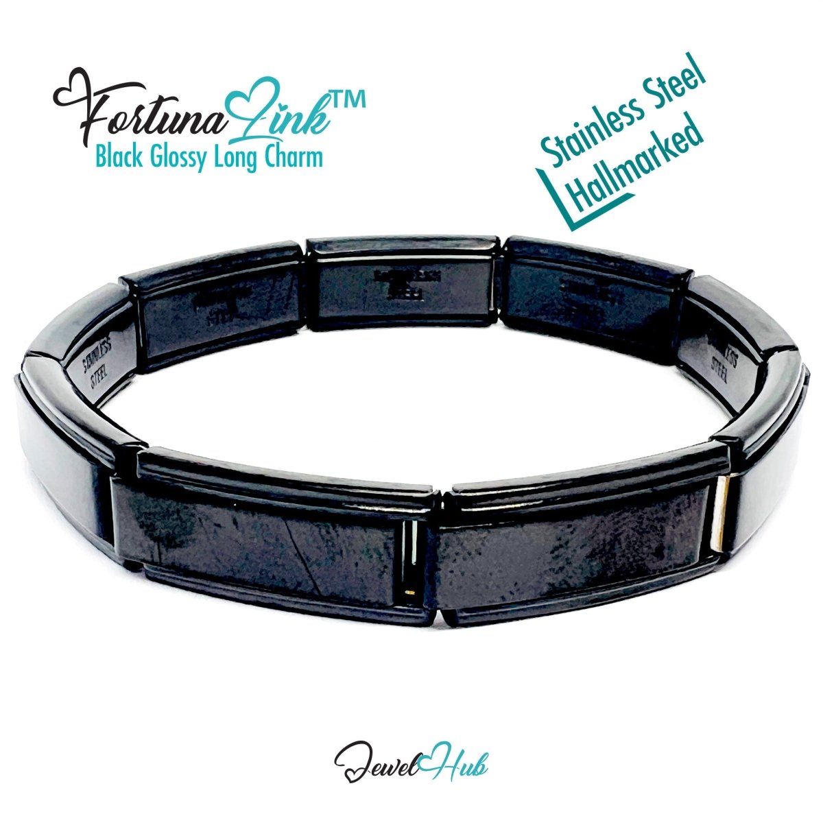 FortunaLink™ Black Glossy Long Link Bracelet – Sculptural Modular Stainless Steel 18‑Links - JewelHub.co.uk