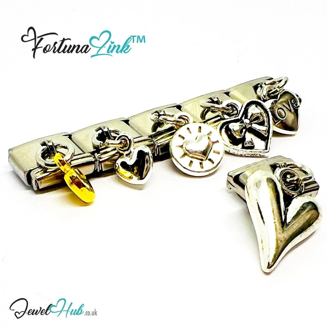 FortunaLink™ Dangling Solid Heart Series – Multi - Finish Italian Bracelet Charms - JewelHub.co.uk