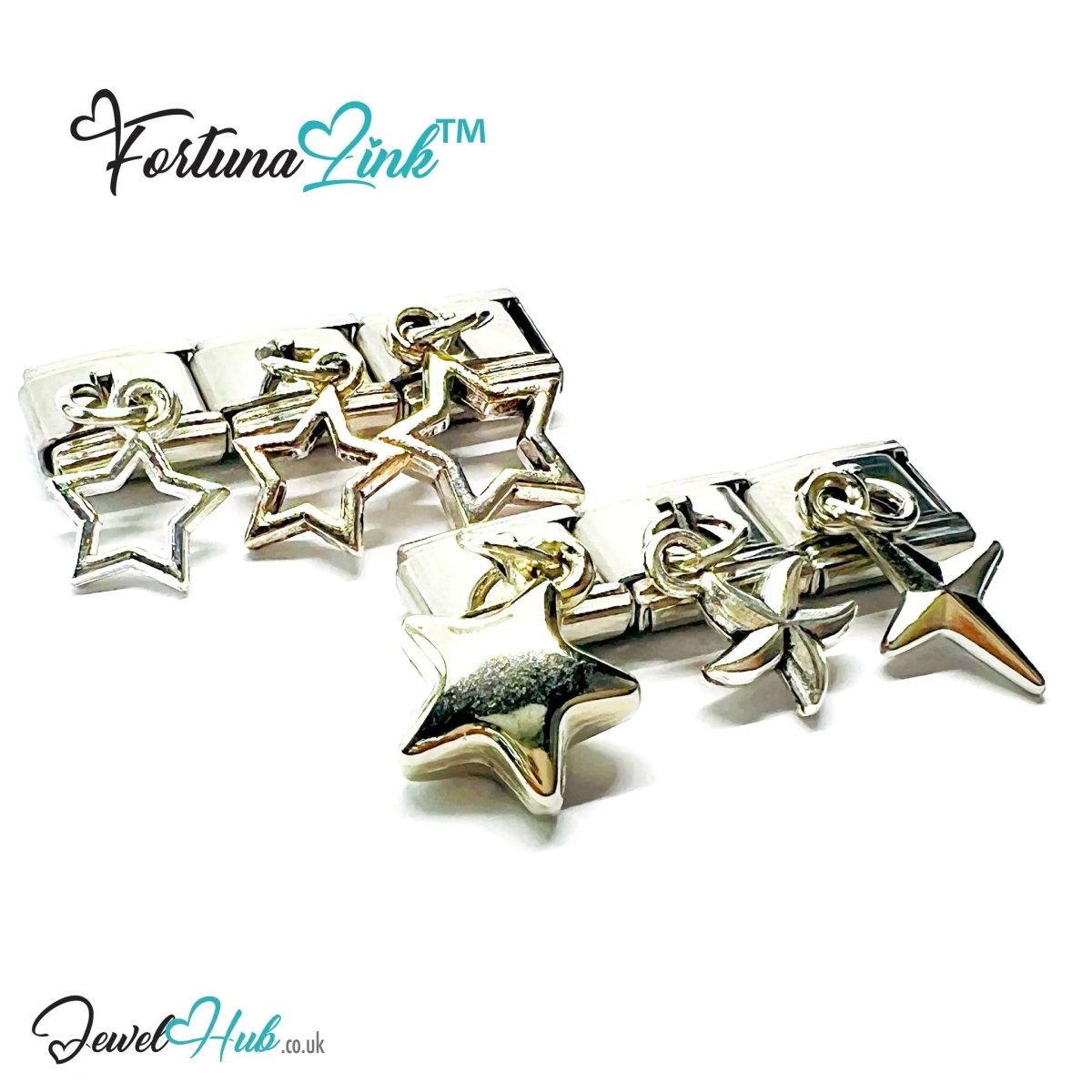 FortunaLink™ Dangling Stars Series – Silver - Plated Italian Bracelet Charms - JewelHub.co.uk