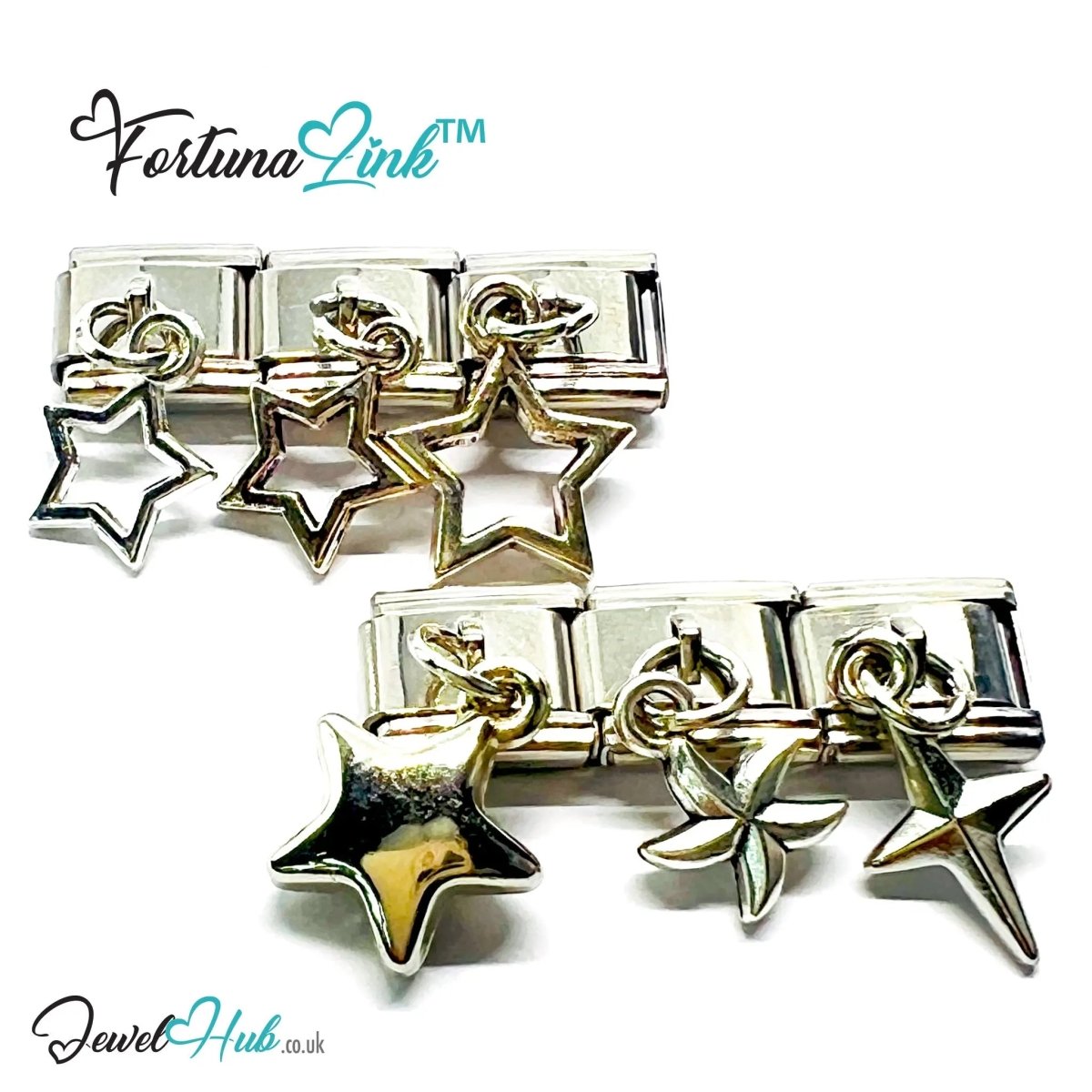 FortunaLink™ Dangling Stars Series – Silver - Plated Italian Bracelet Charms - JewelHub.co.uk