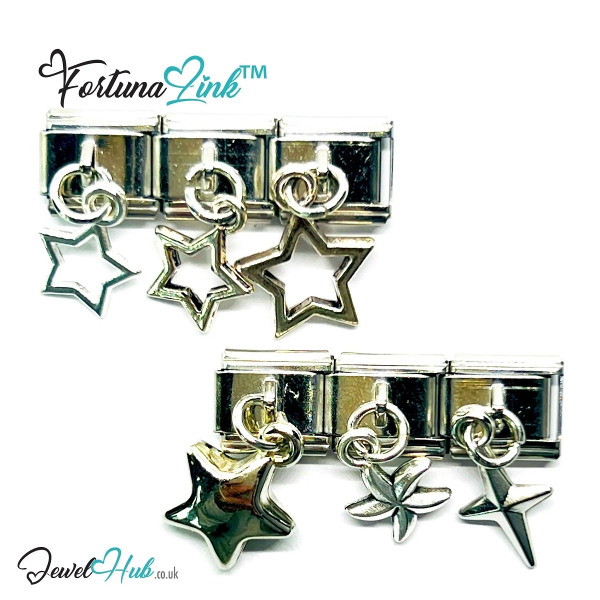 FortunaLink™ Dangling Stars Series – Silver - Plated Italian Bracelet Charms - JewelHub.co.uk