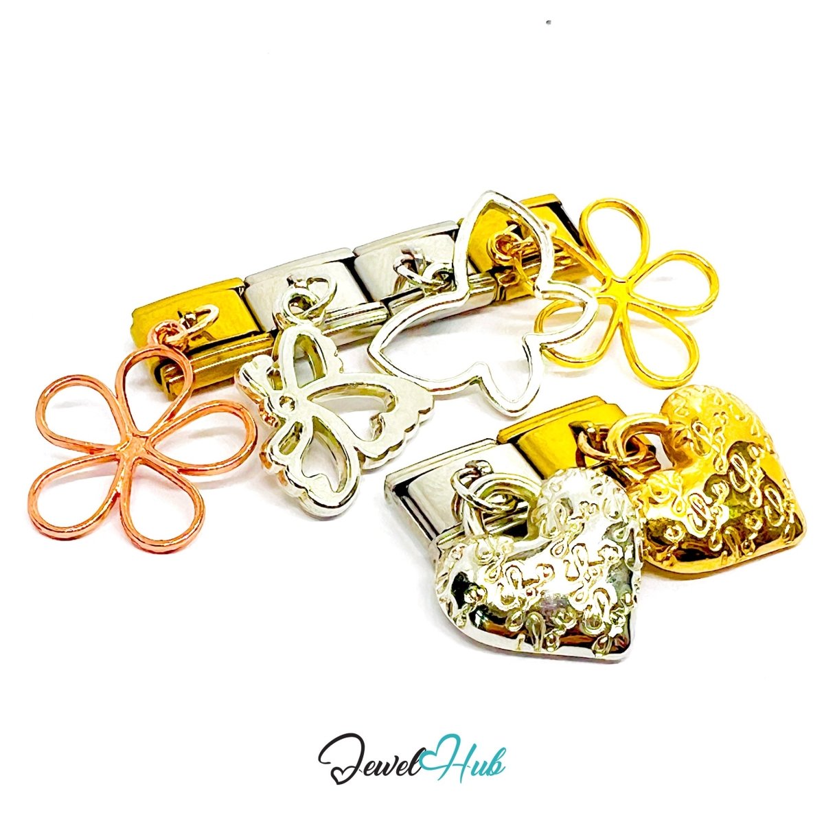 FortunaLink™ Flower Butterfly Heart Charm Set Design - JewelHub.co.uk