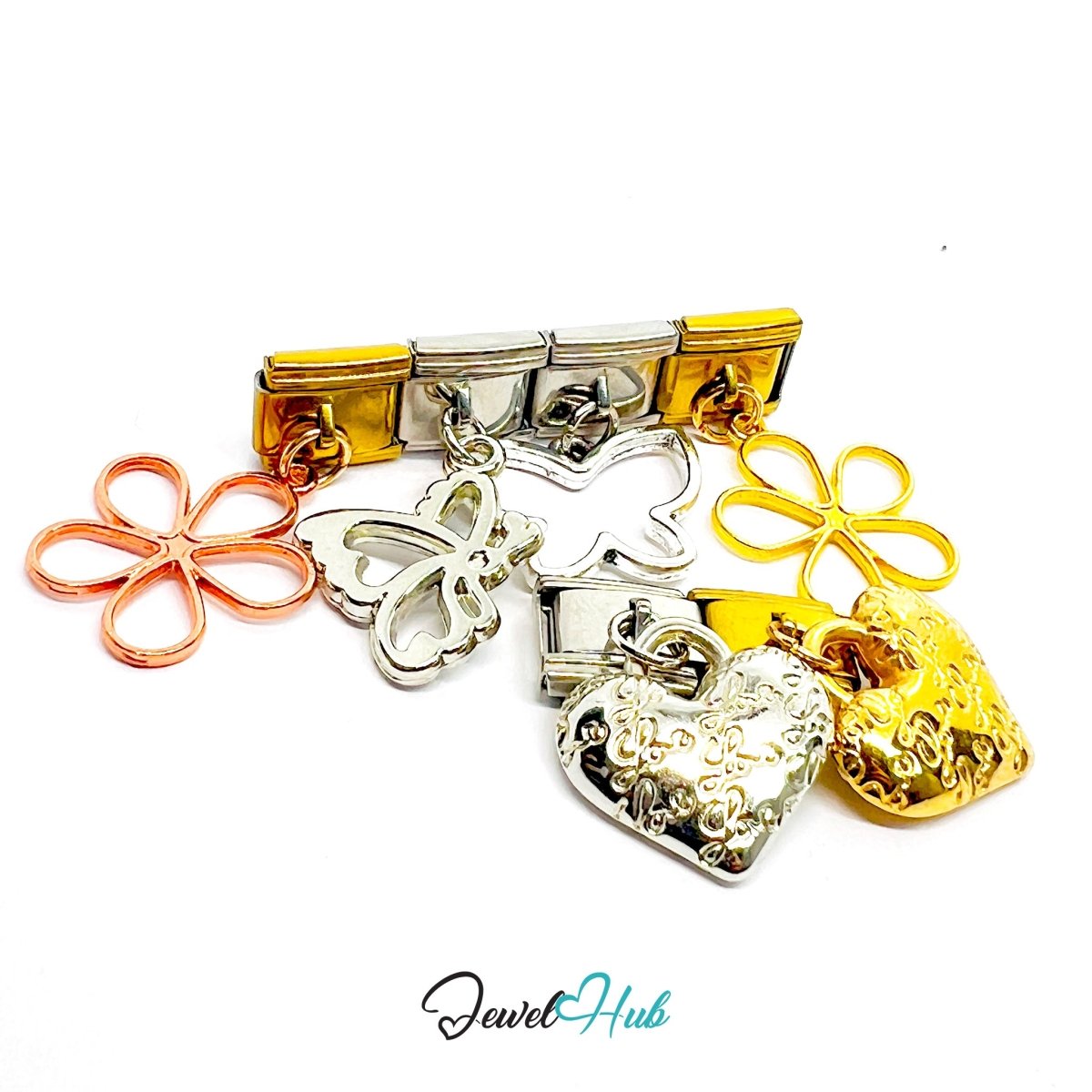 FortunaLink™ Flower Butterfly Heart Charm Set Design - JewelHub.co.uk