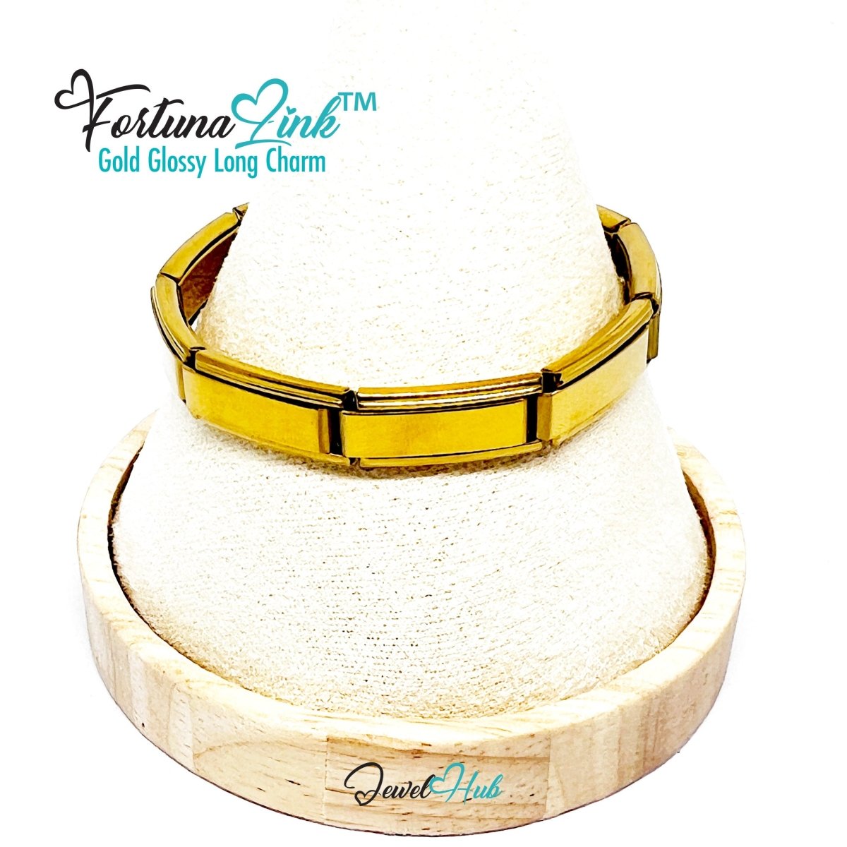 FortunaLink™ Gold Glossy Long Link Bracelet – Sculptural Modular Stainless Steel – 18‑Link - JewelHub.co.uk