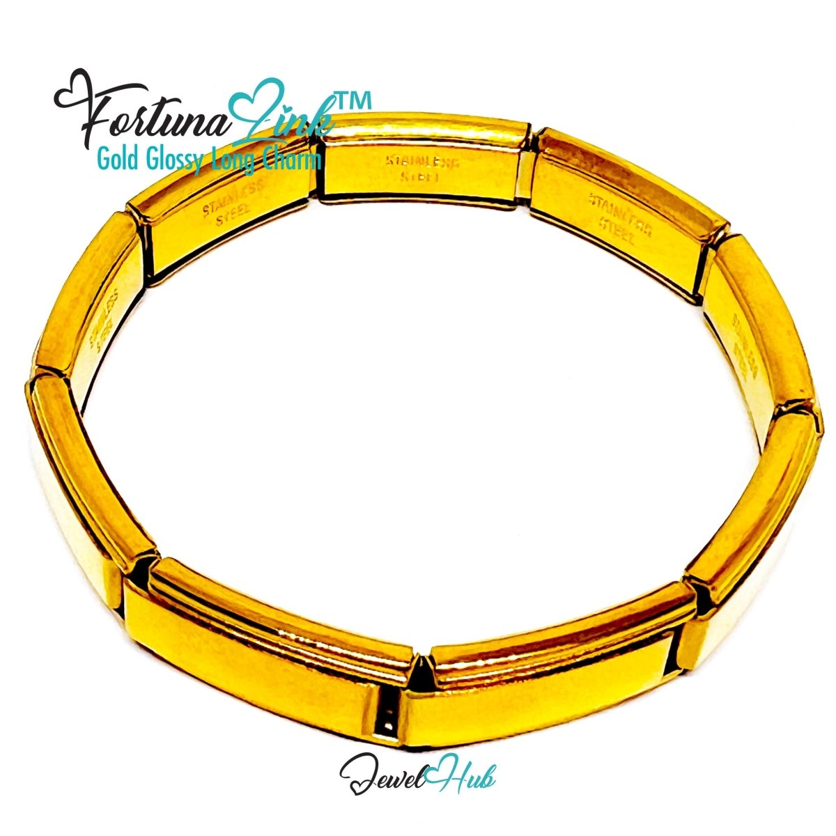 FortunaLink™ Gold Glossy Long Link Bracelet – Sculptural Modular Stainless Steel – 18‑Link - JewelHub.co.uk