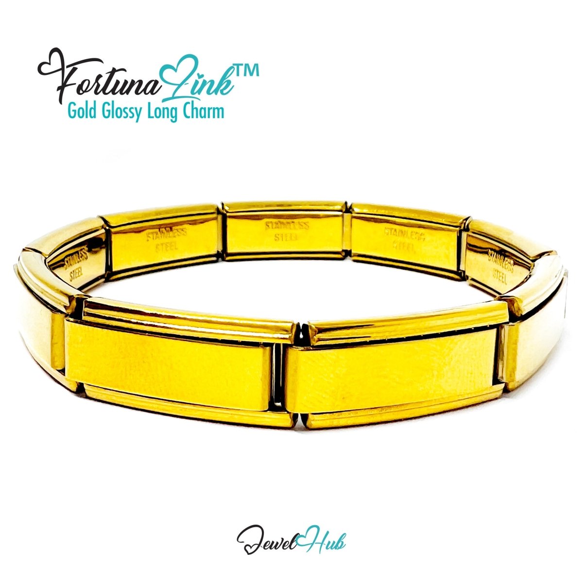 FortunaLink™ Gold Glossy Long Link Bracelet – Sculptural Modular Stainless Steel – 18‑Link - JewelHub.co.uk