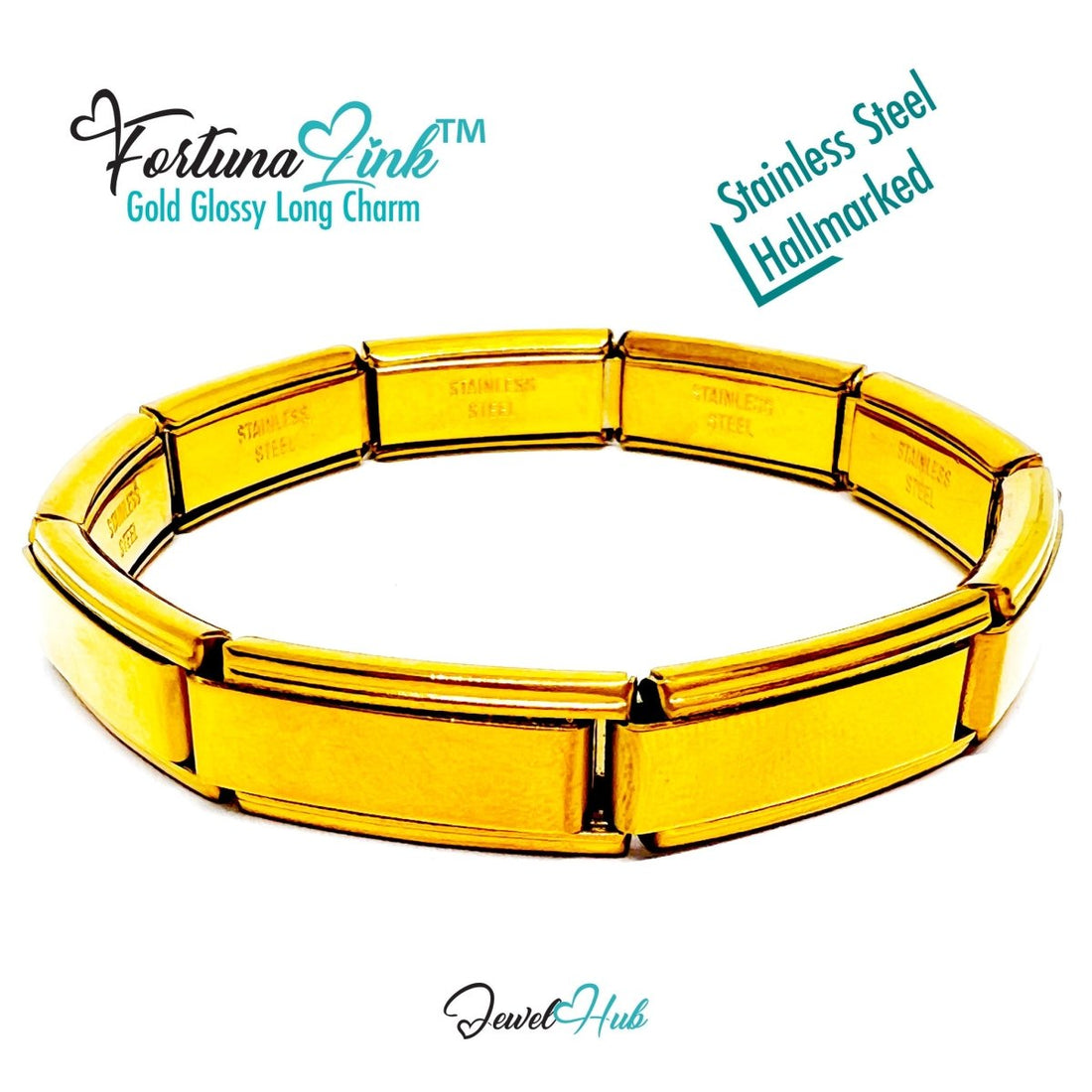 FortunaLink™ Gold Glossy Long Link Bracelet – Sculptural Modular Stainless Steel – 18‑Link - JewelHub.co.uk