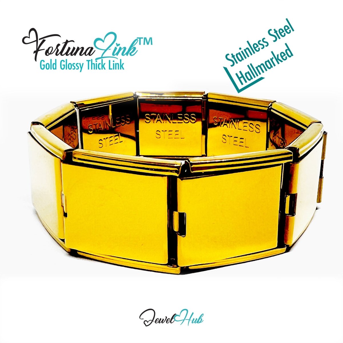 FortunaLink™ Gold Glossy Thick Link Bracelet – Sculptural Modular Stainless Steel 18‑Links (Copy) - JewelHub.co.uk