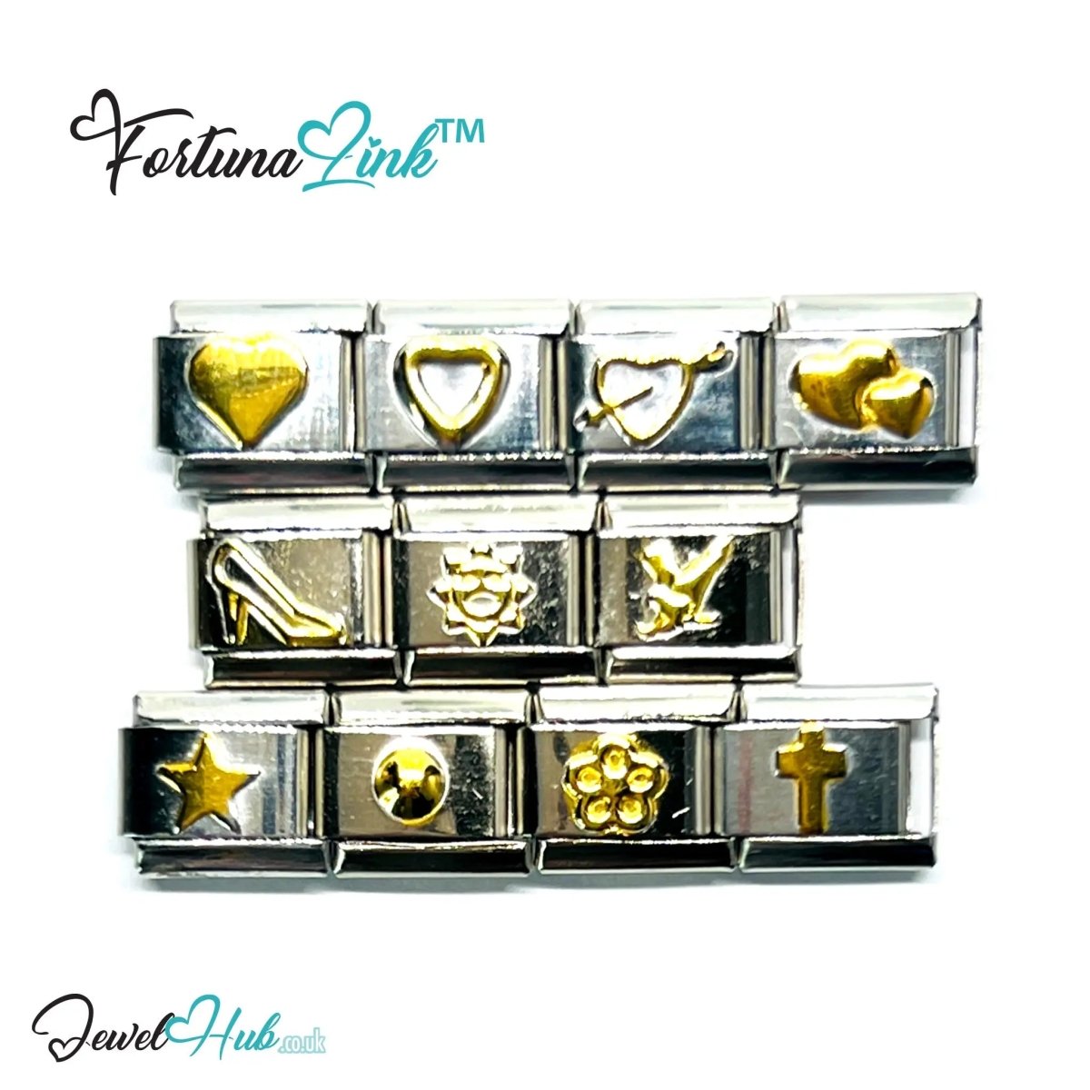 FortunaLink™ Gold - Tone Silver Charms for Italian Bracelet – Modular Stainless Steel Links - JewelHub.co.uk