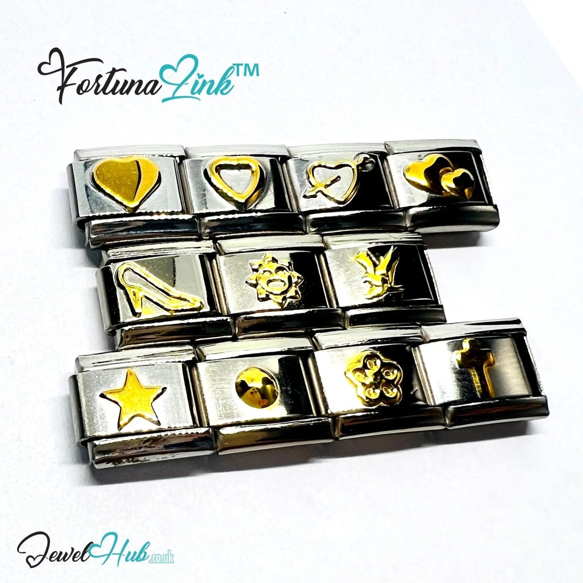 FortunaLink™ Gold - Tone Silver Charms for Italian Bracelet – Modular Stainless Steel Links - JewelHub.co.uk