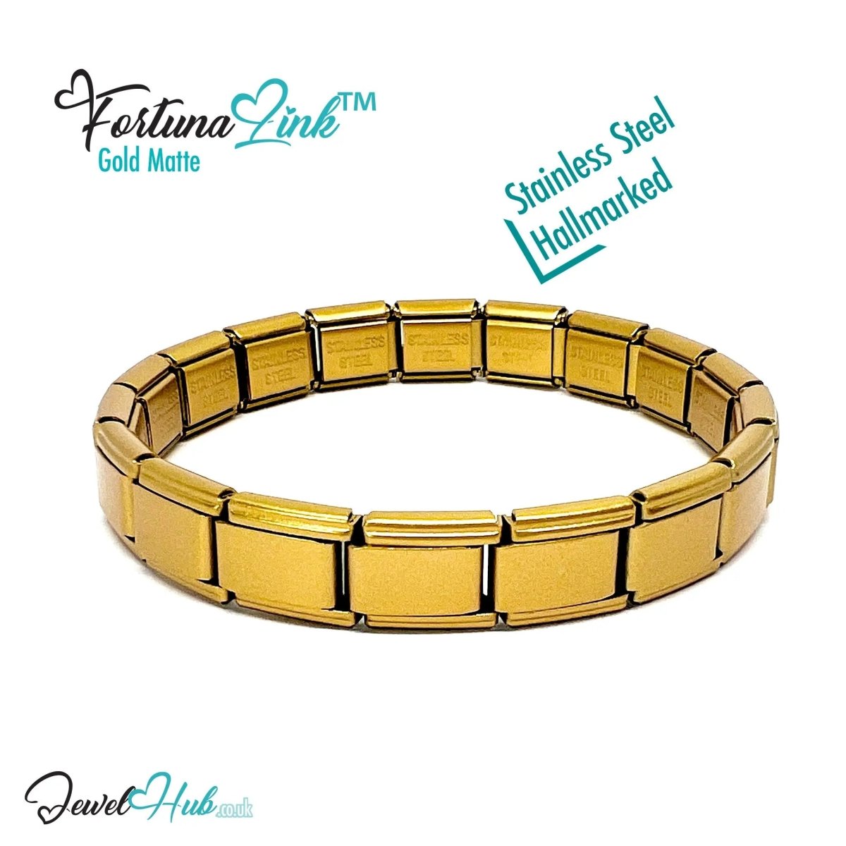 FortunaLink™ Modular Italian Bracelet – Gold Matte Finish, 18 Stainless Steel Links for Charm Stacking - JewelHub.co.uk