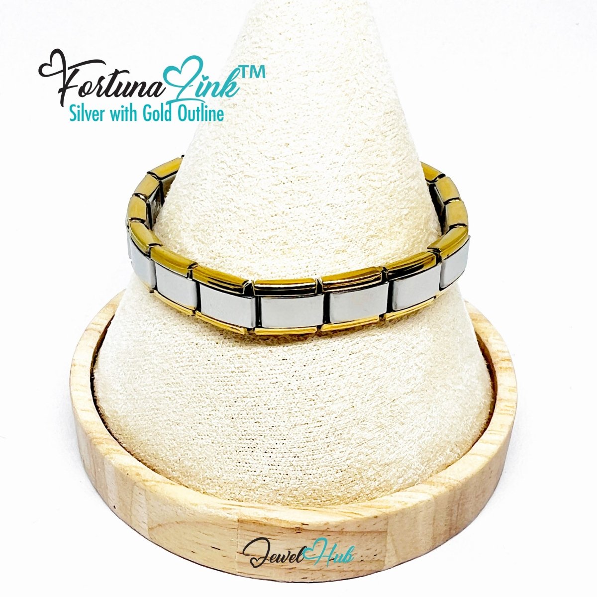 FortunaLink™ Modular Italian Bracelet – Silver with Gold Outline, 18 Stainless Steel Links - JewelHub.co.uk