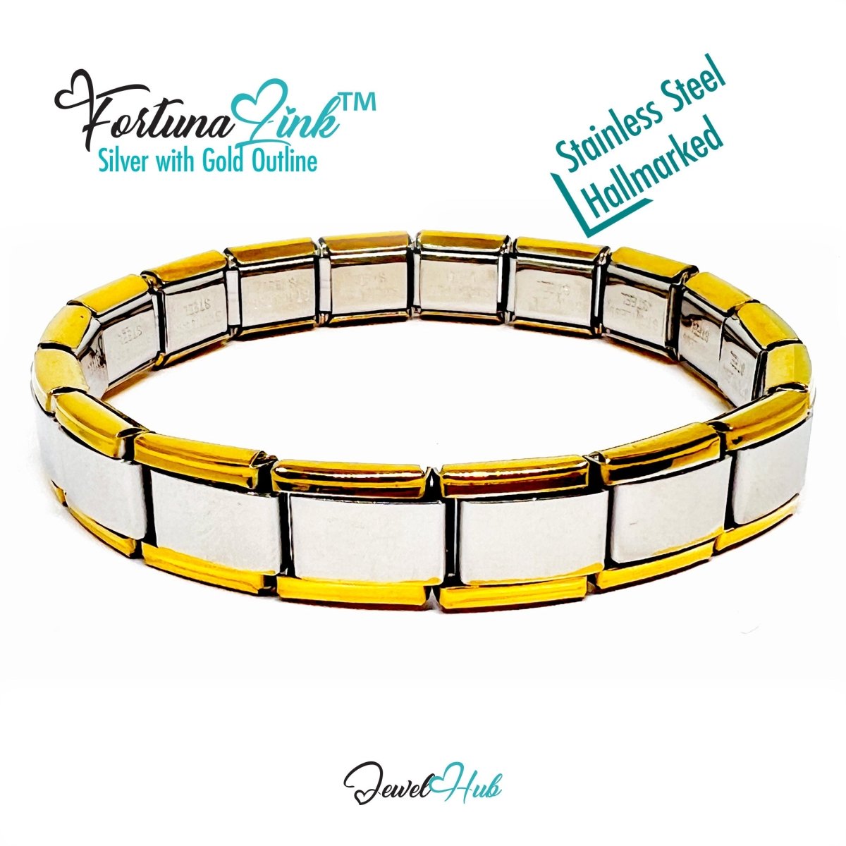 FortunaLink™ Modular Italian Bracelet – Silver with Gold Outline, 18 Stainless Steel Links - JewelHub.co.uk
