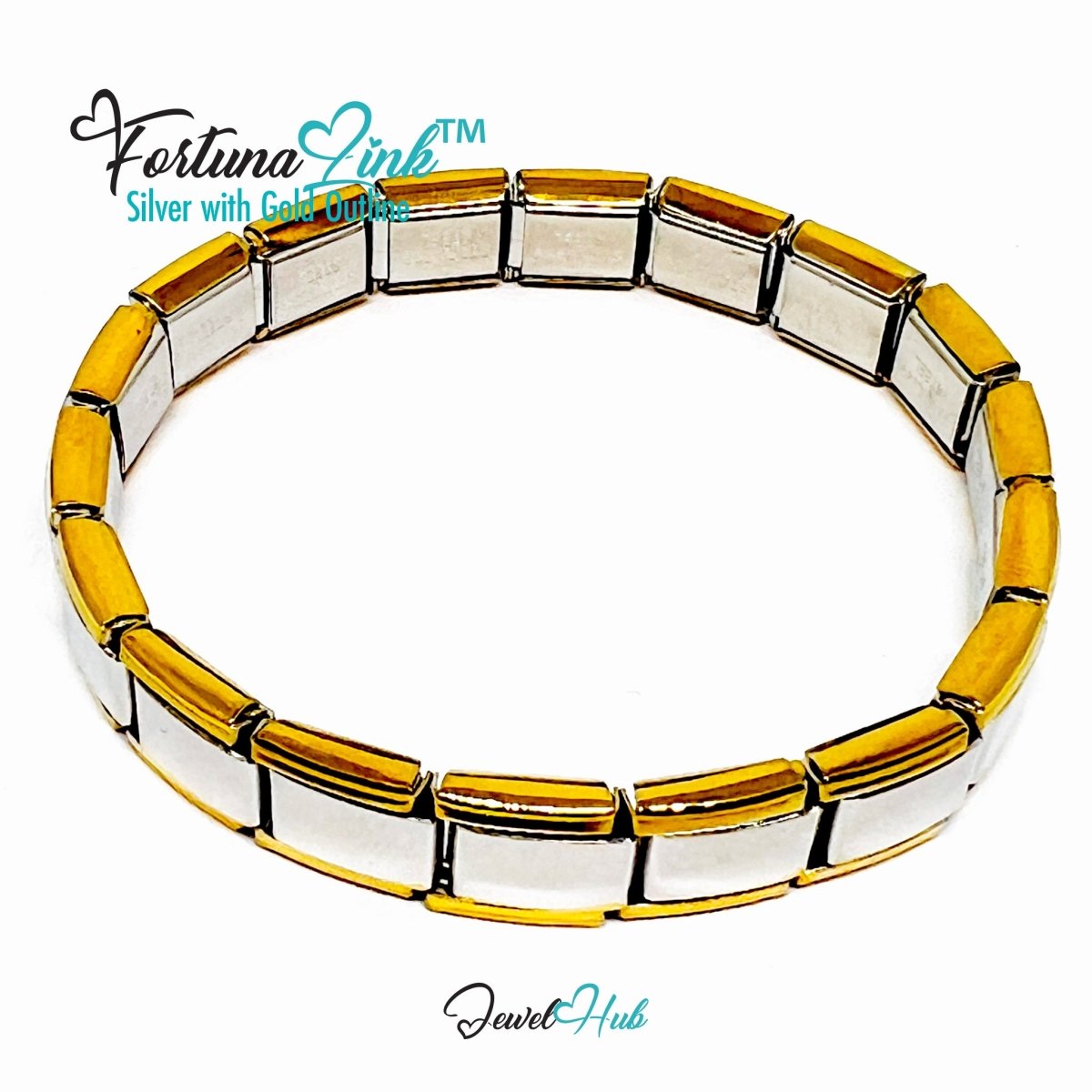 FortunaLink™ Modular Italian Bracelet – Silver with Gold Outline, 18 Stainless Steel Links - JewelHub.co.uk