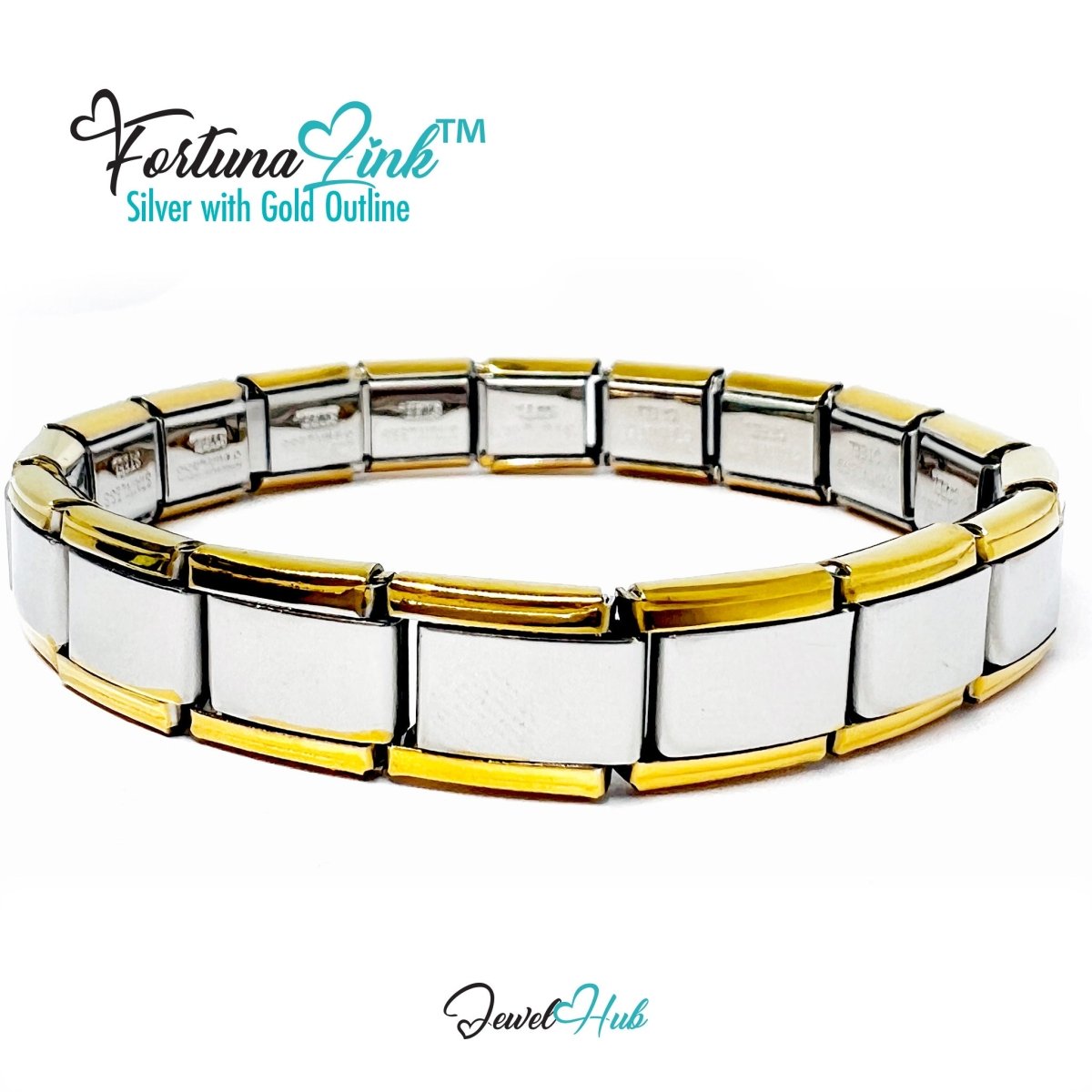 FortunaLink™ Modular Italian Bracelet – Silver with Gold Outline, 18 Stainless Steel Links - JewelHub.co.uk
