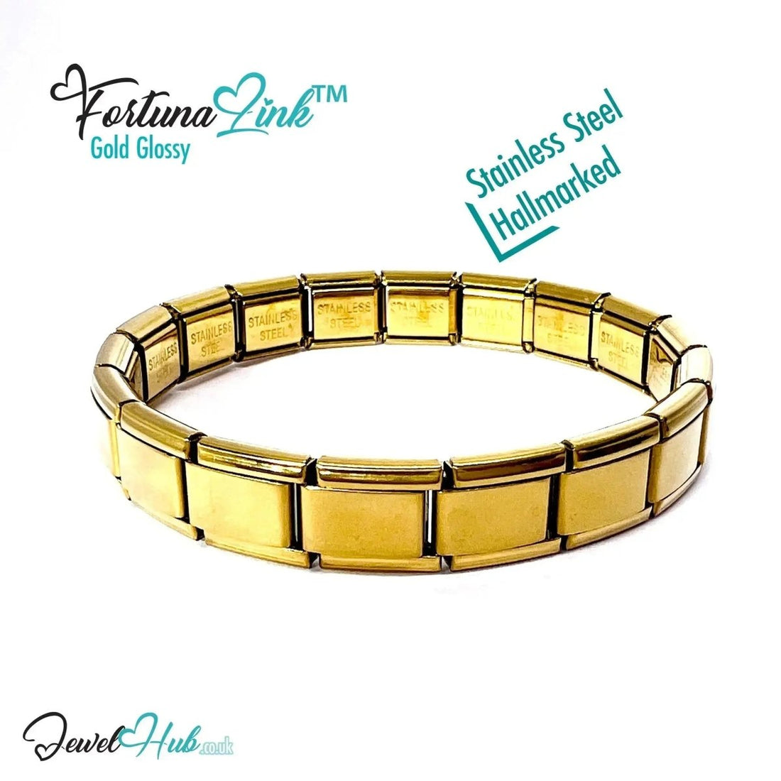 FortunaLink™ Modular Italian Charm Bracelet Gold Glossy Finish, 18 Stainless Steel Links for Charm Stacking - JewelHub.co.uk