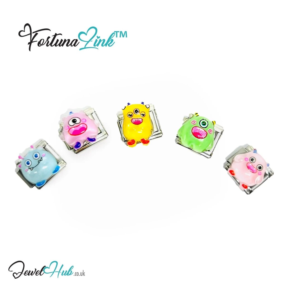 FortunaLink™ Monster Charm Set – Stainless Steel Italian Bracelet Charms | Playful Enamel Monsters - JewelHub.co.uk