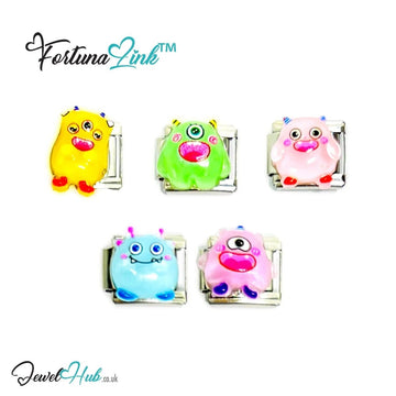 FortunaLink™ Monster Charm Set – Stainless Steel Italian Bracelet Charms | Playful Enamel Monsters - JewelHub.co.uk