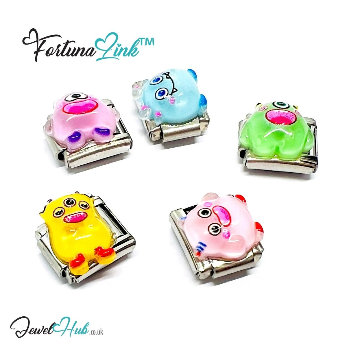 FortunaLink™ Monster Charm Set – Stainless Steel Italian Bracelet Charms | Playful Enamel Monsters - JewelHub.co.uk