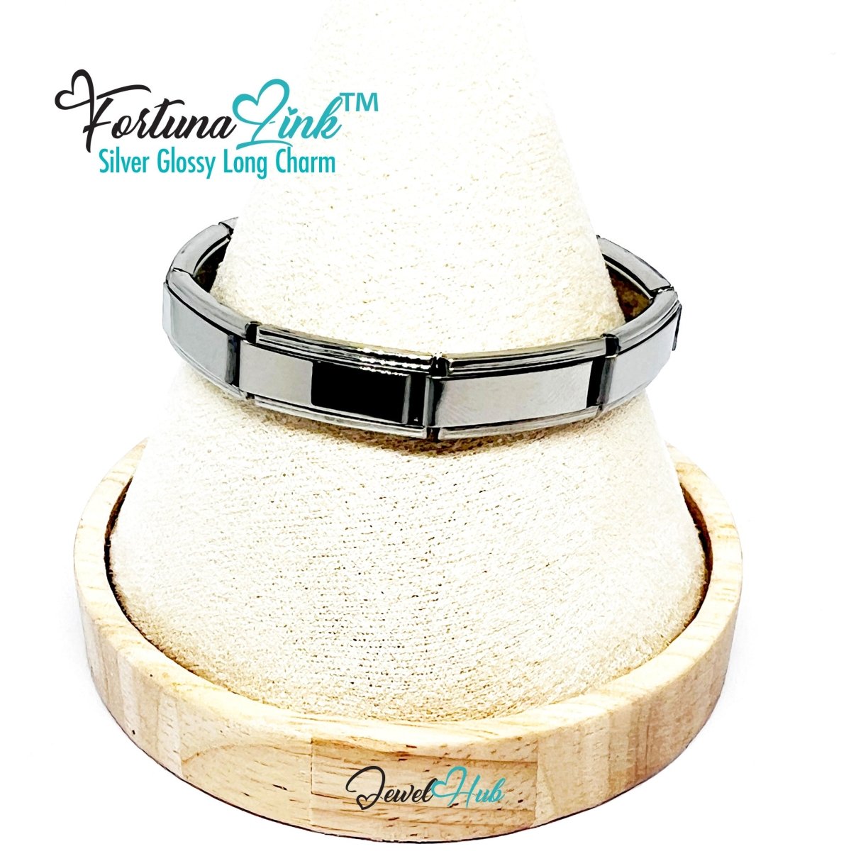 FortunaLink™ Silver Glossy Long Link Bracelet – Sculptural Modular Stainless Steel – 18‑Link - JewelHub.co.uk