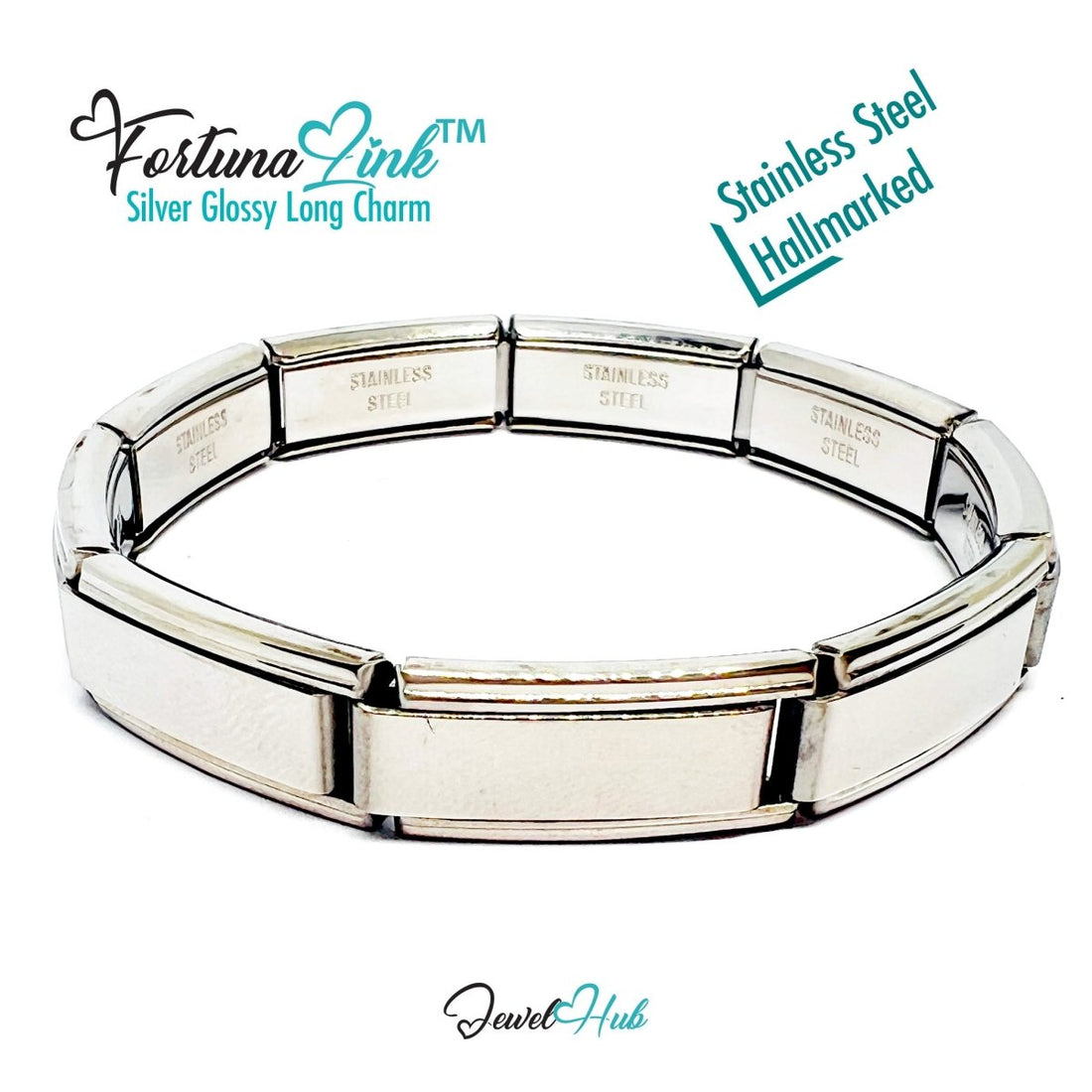 FortunaLink™ Silver Glossy Long Link Bracelet – Sculptural Modular Stainless Steel – 18‑Link - JewelHub.co.uk