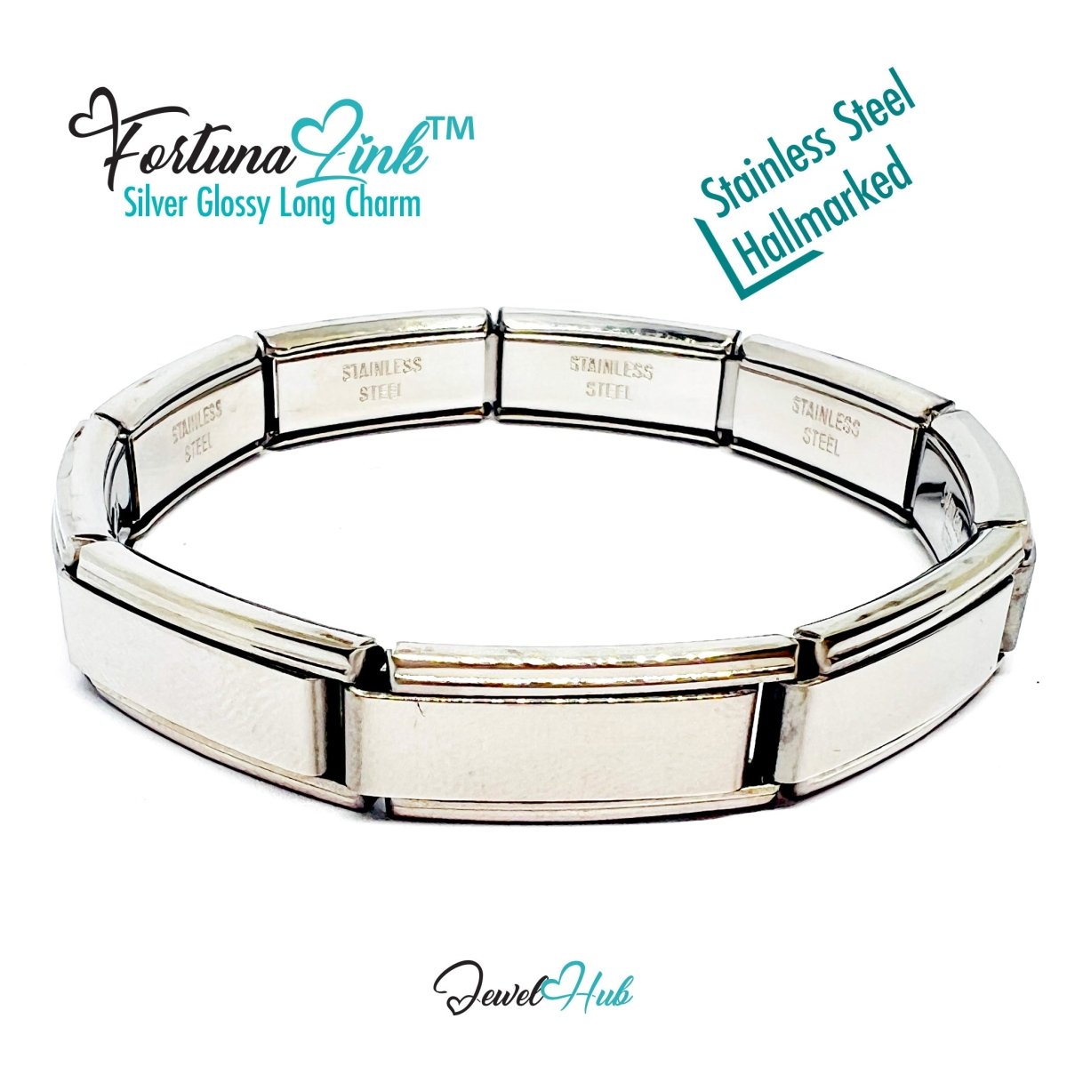 FortunaLink™ Silver Glossy Long Link Bracelet – Sculptural Modular Stainless Steel – 18‑Link - JewelHub.co.uk