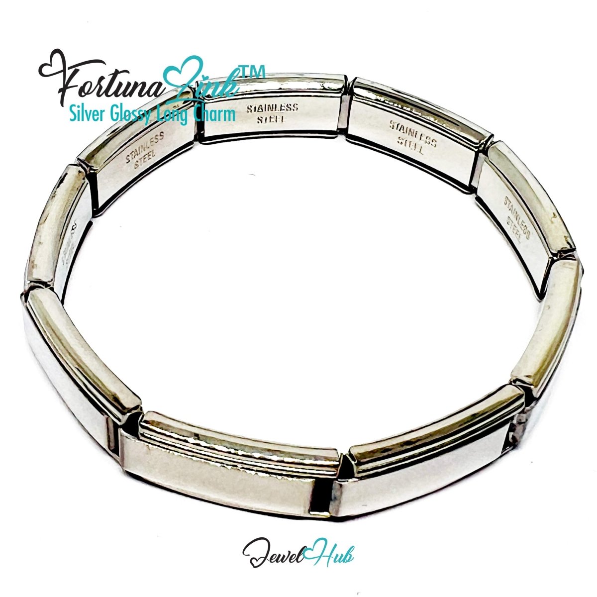 FortunaLink™ Silver Glossy Long Link Bracelet – Sculptural Modular Stainless Steel – 18‑Link - JewelHub.co.uk