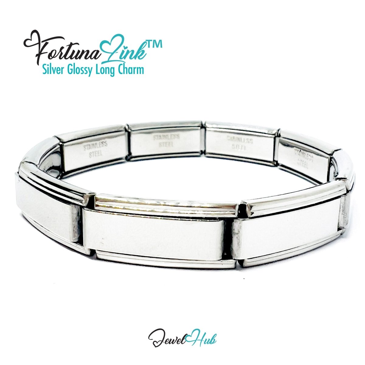 FortunaLink™ Silver Glossy Long Link Bracelet – Sculptural Modular Stainless Steel – 18‑Link - JewelHub.co.uk