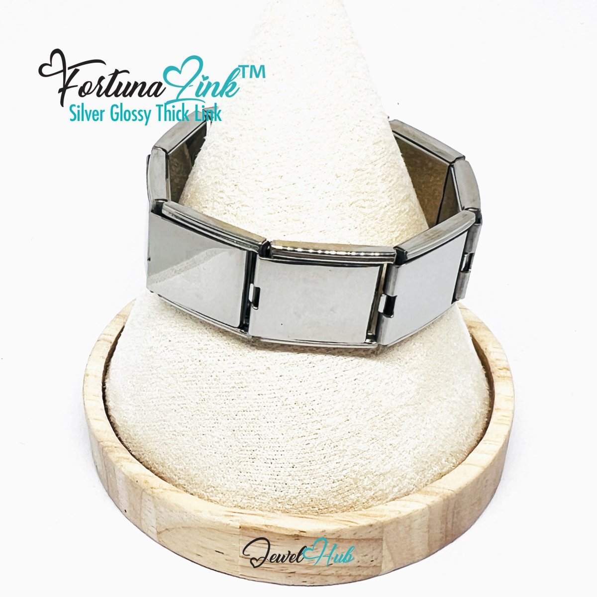 FortunaLink™ Silver Glossy Thick Link Bracelet – Sculptural Modular Stainless Steel 18‑Links - JewelHub.co.uk