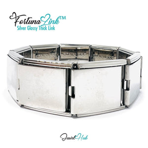 FortunaLink™ Silver Glossy Thick Link Bracelet – Sculptural Modular Stainless Steel 18‑Links - JewelHub.co.uk