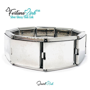 FortunaLink™ Silver Glossy Thick Link Bracelet – Sculptural Modular Stainless Steel 18‑Links - JewelHub.co.uk