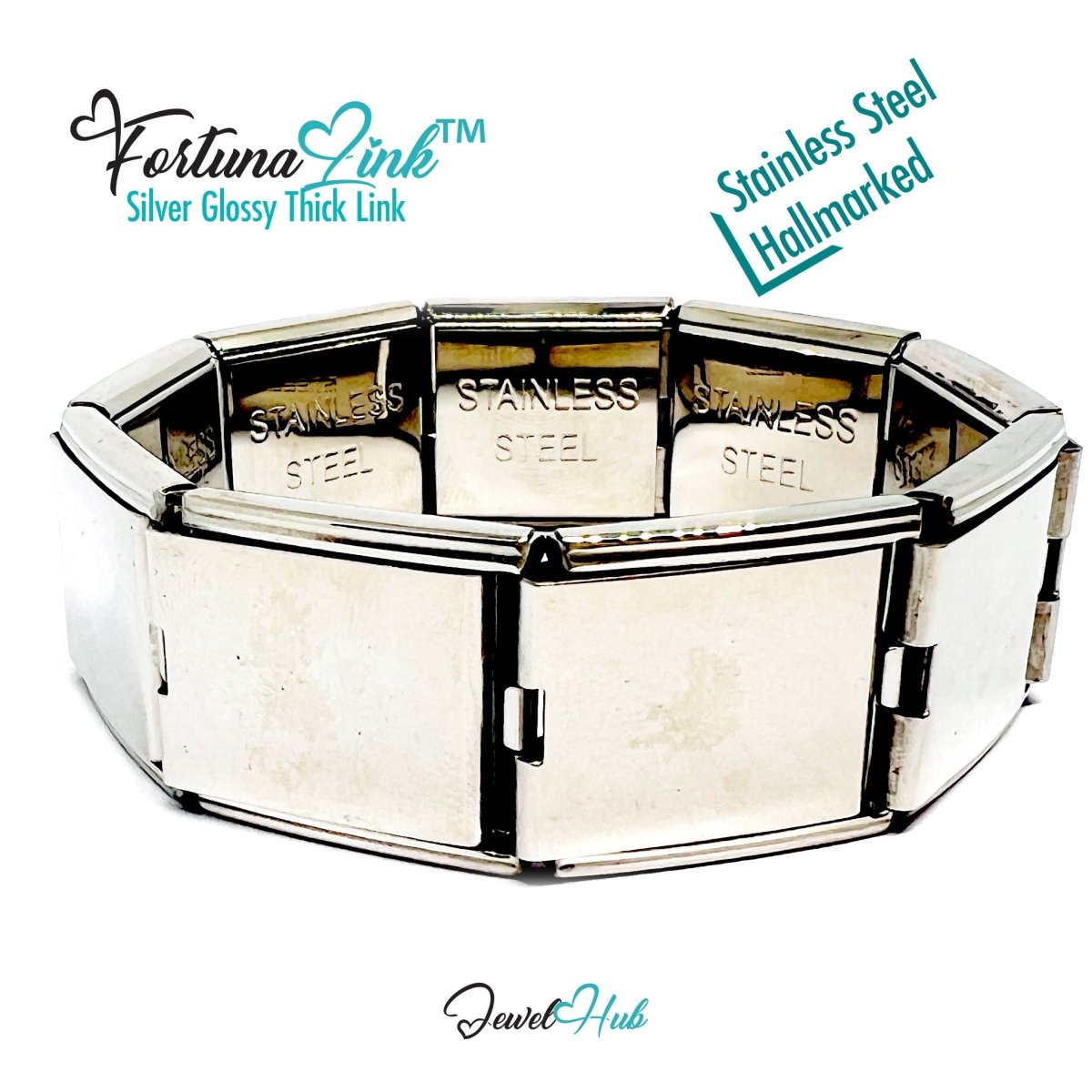 FortunaLink™ Silver Glossy Thick Link Bracelet – Sculptural Modular Stainless Steel 18‑Links - JewelHub.co.uk