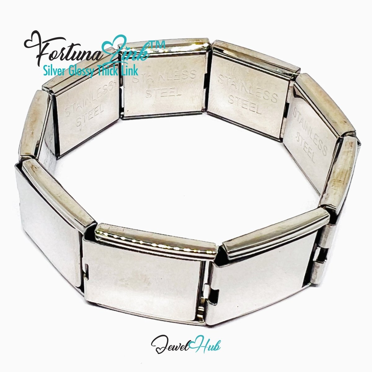FortunaLink™ Silver Glossy Thick Link Bracelet – Sculptural Modular Stainless Steel 18‑Links - JewelHub.co.uk