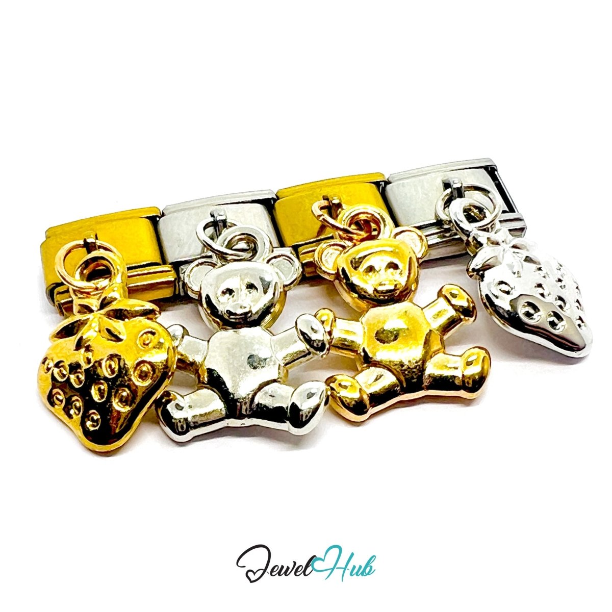 FortunaLink™ Teddy & Strawberry Mixed‑Metal Charm Set Design - JewelHub.co.uk