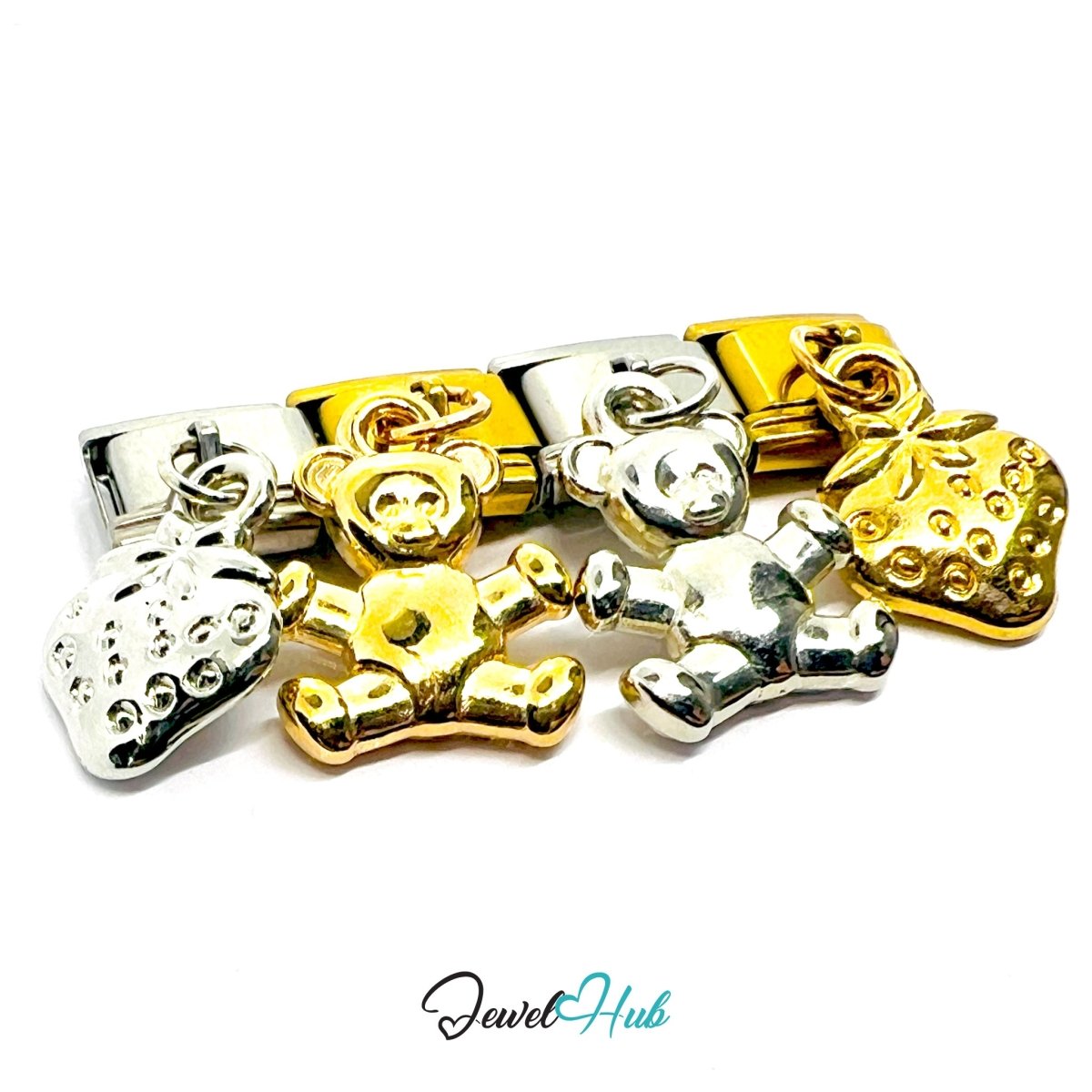 FortunaLink™ Teddy & Strawberry Mixed‑Metal Charm Set Design - JewelHub.co.uk