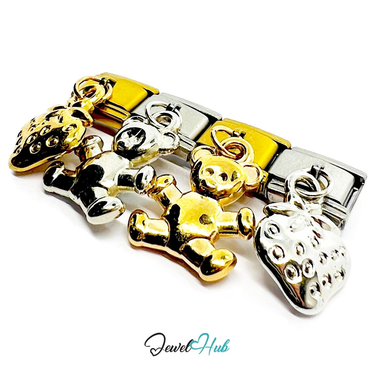 FortunaLink™ Teddy & Strawberry Mixed‑Metal Charm Set Design - JewelHub.co.uk